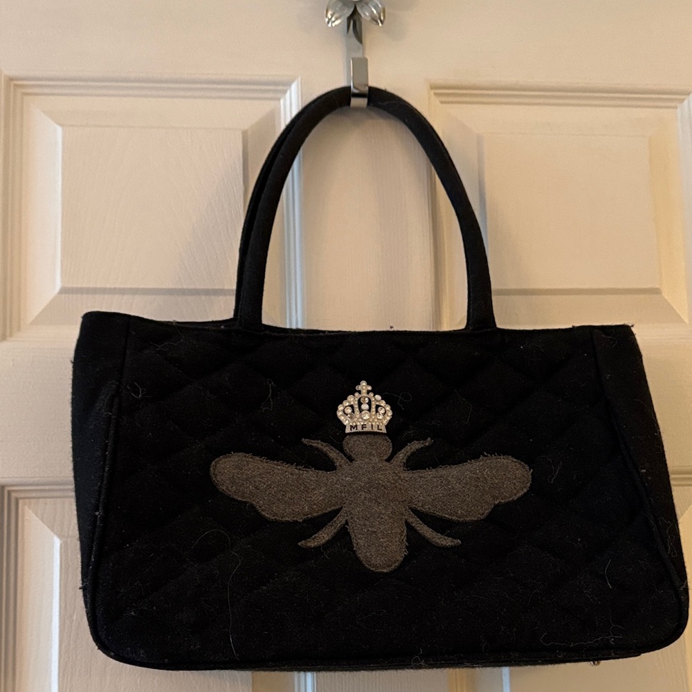 My Flat in London Black Quilted Tote with Crowned Bee